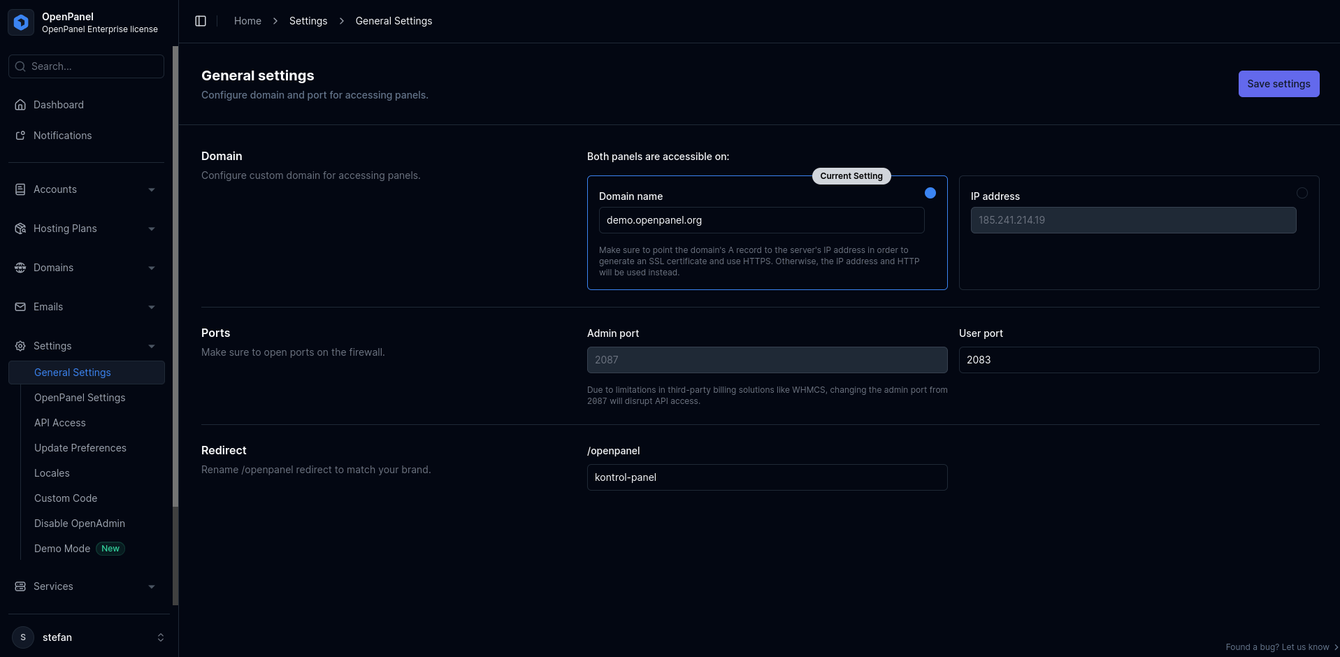 openadmin general panel settings