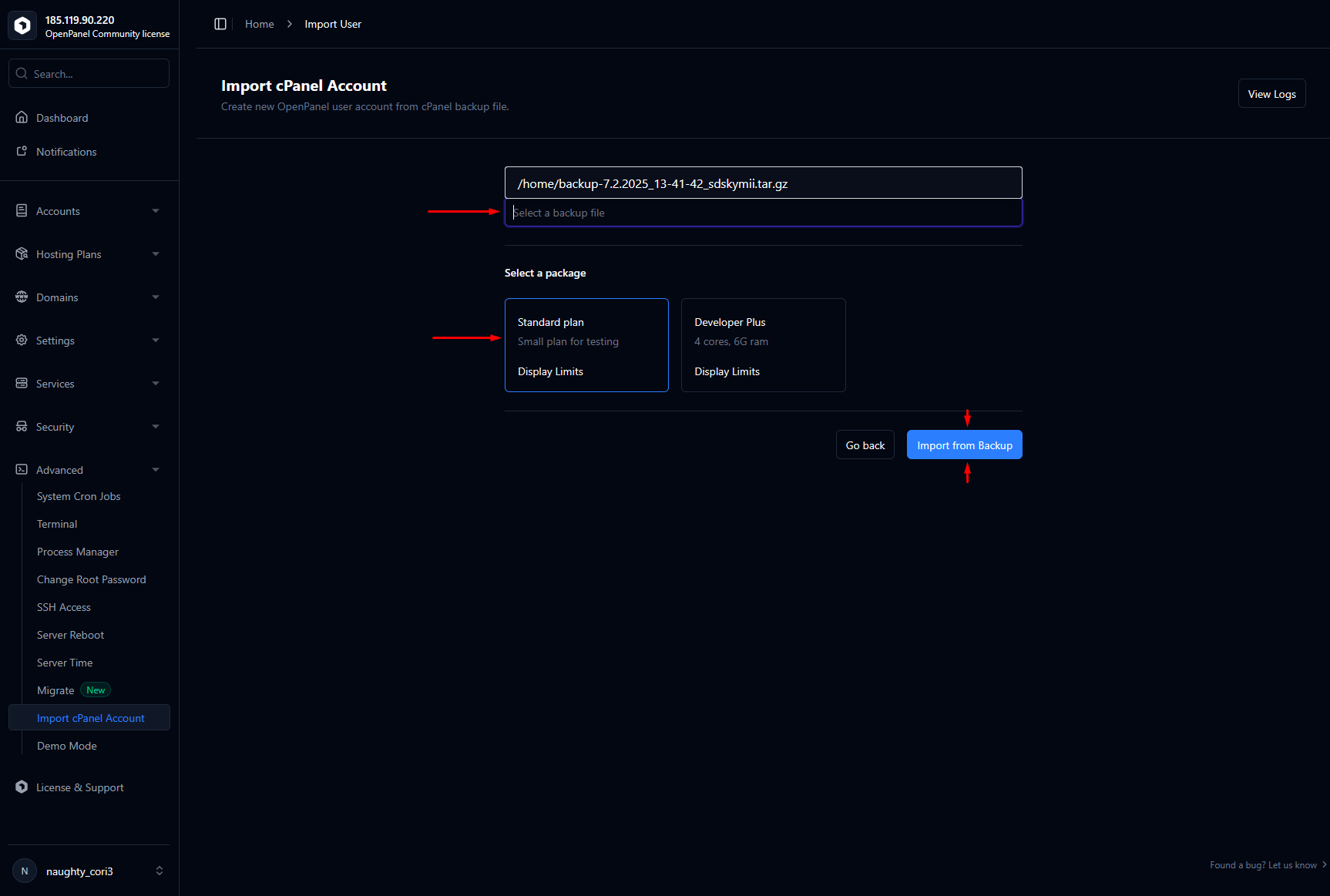 import cpanel backup in openpanel2
