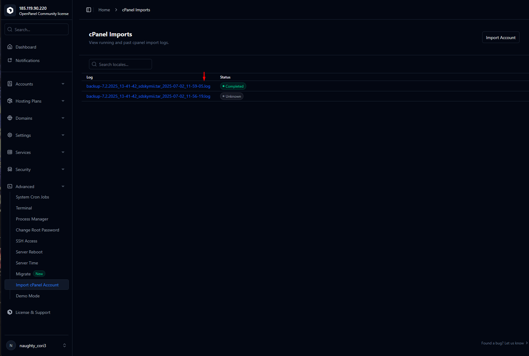 import cpanel backup in openpanel3