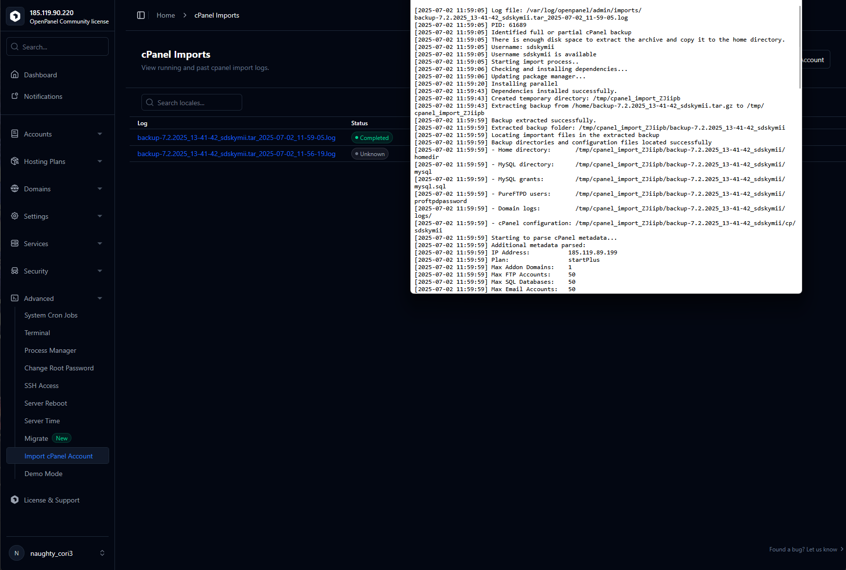 import cpanel backup in openpanel4