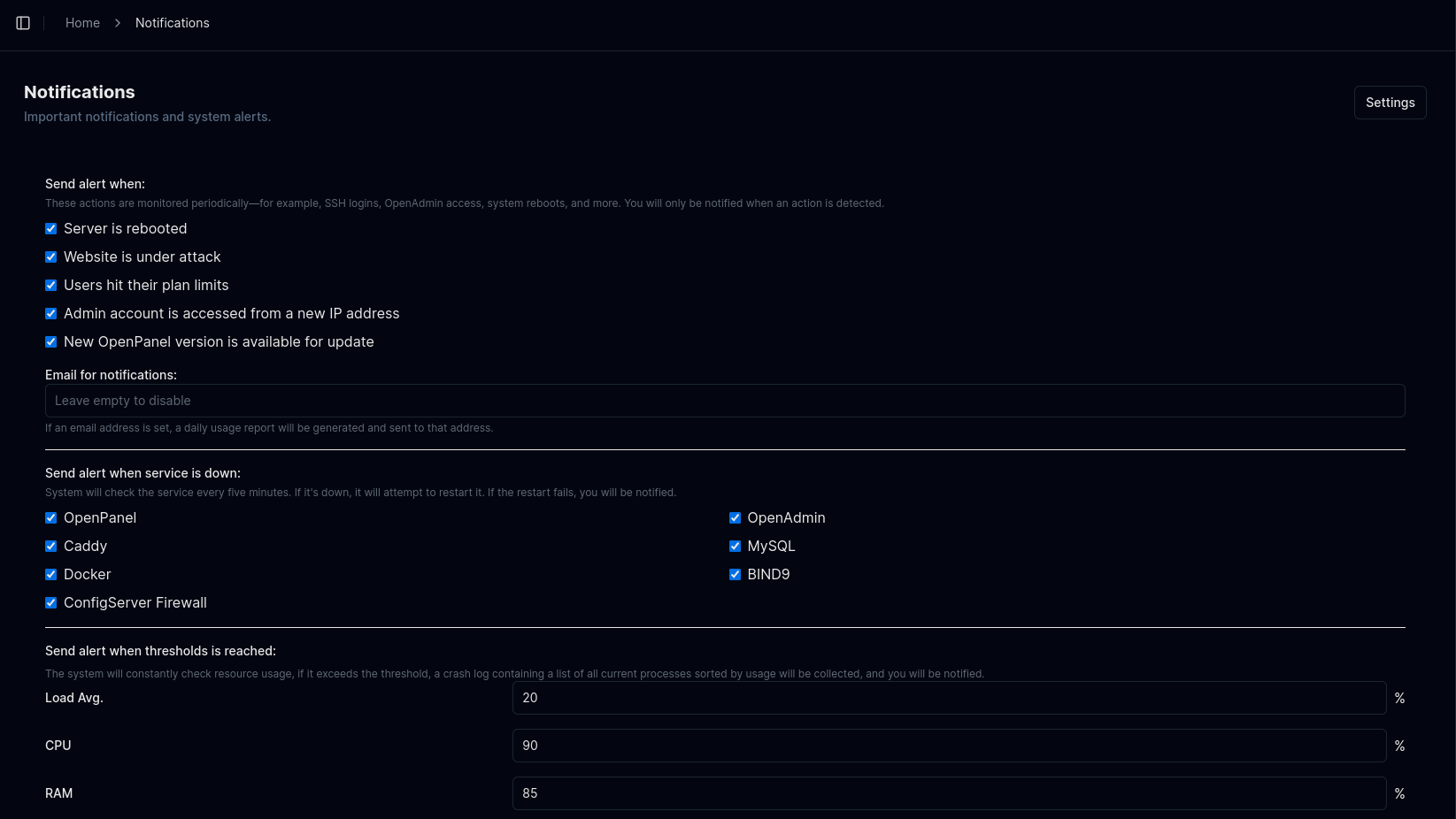 openadmin notifications settings