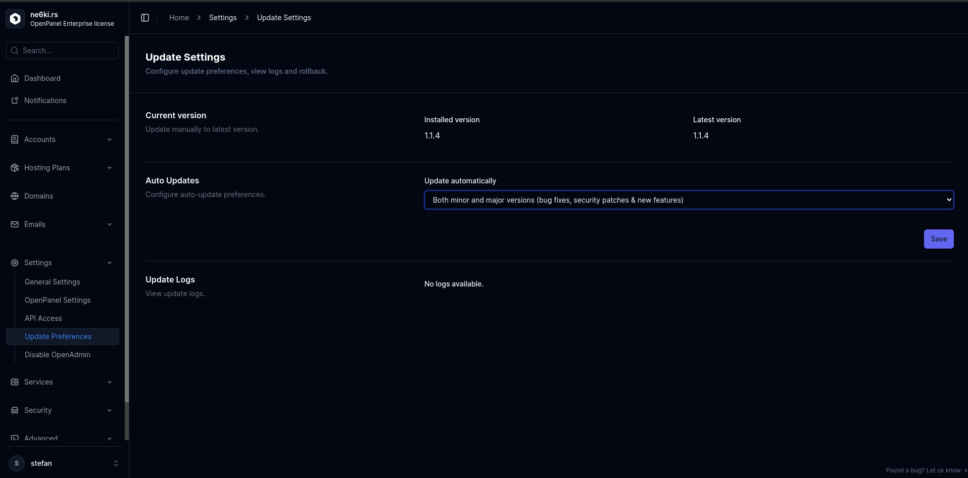 openadmin update preferences