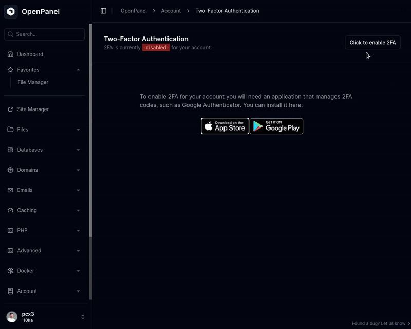 2fa enable on openpanel