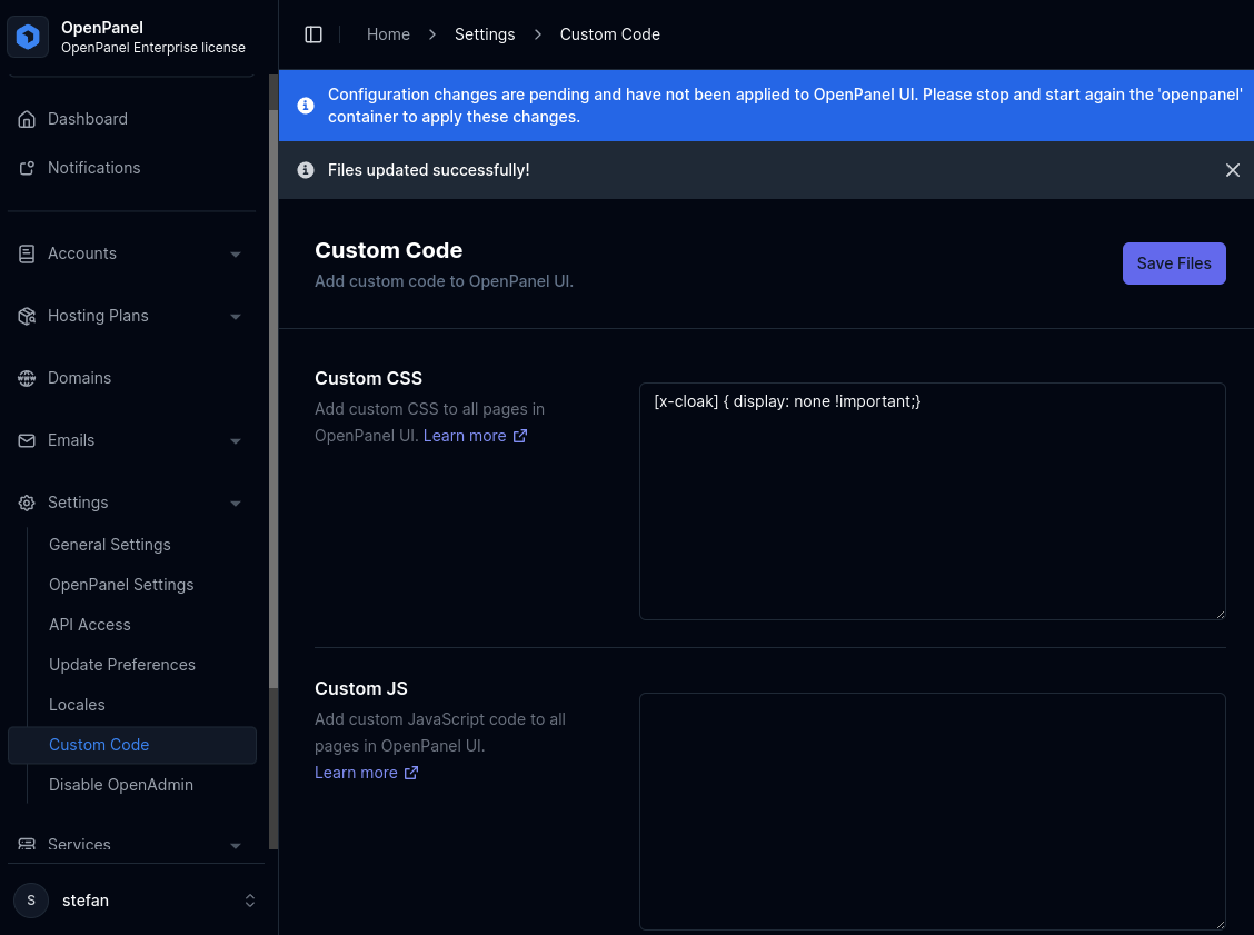 openadmin custom code